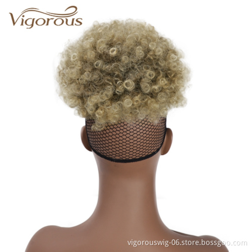 Vigorous Best Selling Wholesale Updo Ponytail Chignon With Bang Ombre Blonde Kinky Curly For Black Women Synthetic Afro Hair Bun